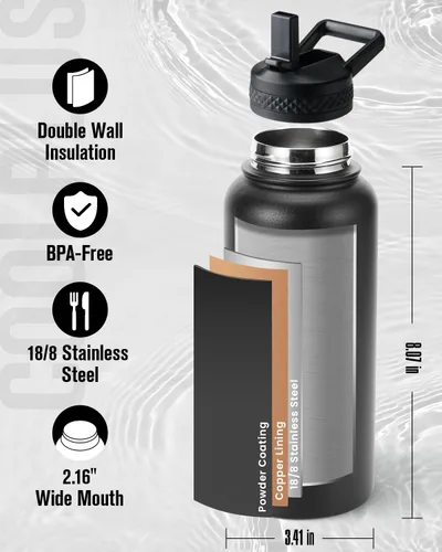 Miniatura 3 de Coolplus - Botella de agua de 32 onzas aislada, termo de agua de acero inoxidable con popote de metal de doble pared al vacío con funda de Negro