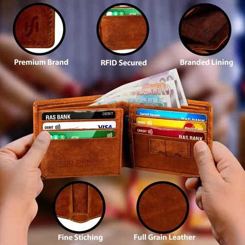 Miniatura 3 de STARHIDE Billetera triple de piel envejecida para hombre, con bloqueo RFID, con bloqueo RFID #1145