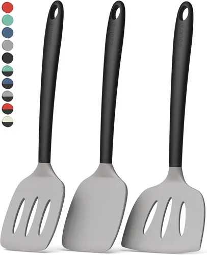 Miniatura 10 de Coukre Juego de 3 espátulas de silicona, resistentes al calor, sin BPA, espátula de pescado, espátula sólida y ranurada para sartenes negro puro