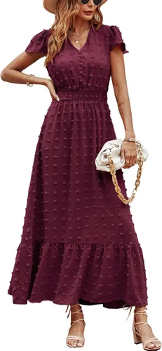PRETTYGARDEN - Vestidos de mujer 2025, vestido maxi de verano bohemio, manga corta, cuello en V, lunares suizos, volantes, vestido largo fruncido de