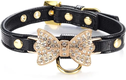Collar de cuero dorado dorado con diamantes dorados con anillo para etiquetas para perros pequeños, gatos, cachorros y gatitos, viajes, fiestas,
