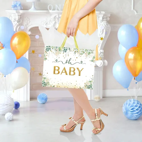 Miniatura 6 de Bolsa de regalo grande de 13" para bebé niño o niña para baby shower o cumpleaños con asa, papel de seda y tarjeta de felicitación (13" Verde)