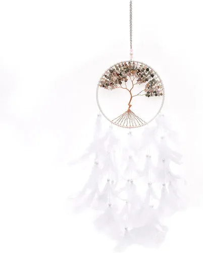 Miniatura 12 de Pretty Jolly Atrapasueños de árbol de la vida azul aguamarina, decoración de pared con piedra de cristal curativo, hecha a mano, plumas azules