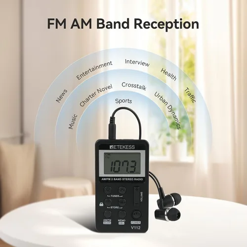 Miniatura 2 de Retekess V112 Radio de Bolsillo AM FM, Radio Digital con Auricular, Batería Recargable con Pantalla LCD para Caminar, Trotar, Entrenamiento (Negro)