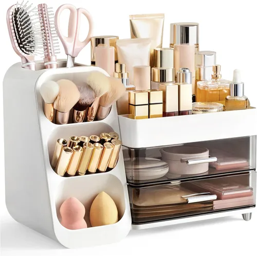 Miniatura 16 de HBlife Organizador de maquillaje con soporte para brochas para tocador, organizador grande de plástico para tocador de baño, almacenamiento
