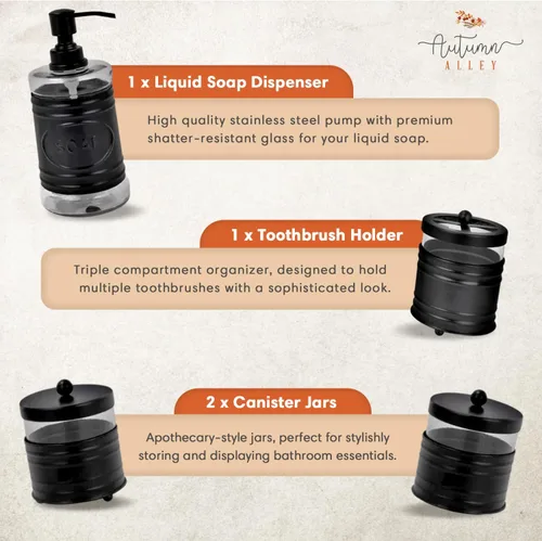 Miniatura 4 de Autumn Alley Farmhouse - Juego de accesorios de baño negro mate (4 piezas) - Dispensador de jabón de loción, juego de soporte para cepillos