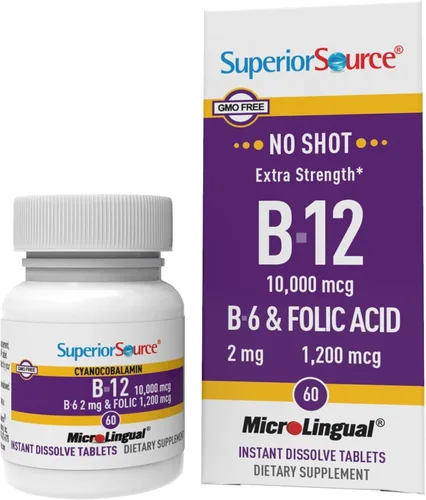 Miniatura 12 de Superior Source No Shot Vitamina B-12 Metilcobalamina 10000 mcg, B-6 y ácido fólico 1200 mcg - Apoya la salud del cerebro y el corazón - Ayuda a