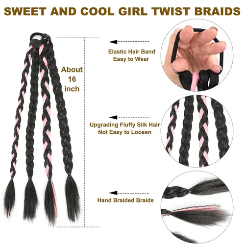 Miniatura 2 de Extensión de cola de caballo trenzada con banda elástica para el cabello, extensión de cabello lacio envolvente, cola de caballo, trenzas de cola