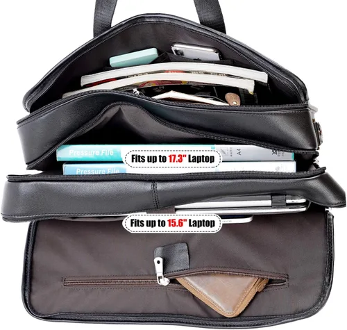 Miniatura 8 de Maletín de cuero de grano completo para hombre grande de 17 pulgadas de viaje de negocios bolsa de mensajero portátil con cremalleras de metal YKK
