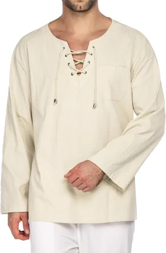 Miniatura 2 de COOFANDY Camisas de lino de algodón para hombre con cordones estilo casual playa hippie cuello en V