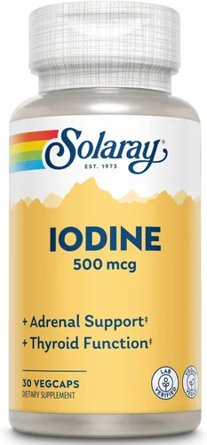 Solaray Yodo 500 mcg, suplemento de yodo para apoyo suprarrenal y tiroideo saludable, energía, metabolismo y enfoque, yoduro de potasio, vegano,