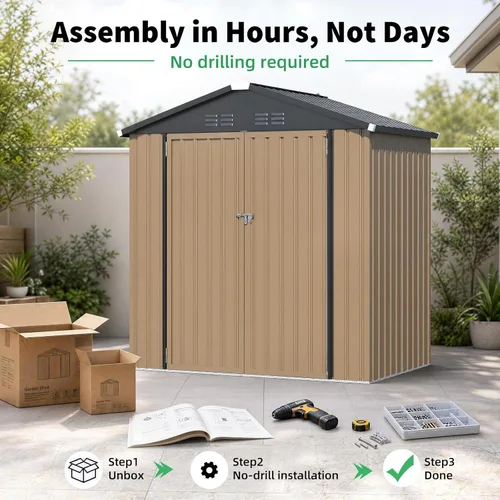 Miniatura 4 de AECOJOY Cobertizo de almacenamiento de metal para exteriores de 4 x 6 pies, cobertizo de herramientas de jardín resistente con puerta doble con Gris