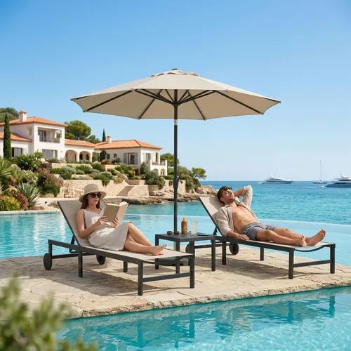 PURPLE LEAF Juego de Sillas Tumbonas Reclinables para Exteriores, Silla Reclinable de Aluminio Ajustable con Ruedas y Mesa Auxiliar para Piscina,