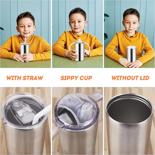 Miniatura 4 de Vasos para sorber de acero inoxidable de 12 onzas para niños pequeños con asas, a prueba de derrames, doble pared aislada al vacío, vasos de paja