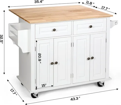Miniatura 3 de VOWNER Isla de cocina de 43 pulgadas de ancho con hoja caída, isla de cocina rodante con cajones, isla portátil con almacenamiento, carrito de Blanco