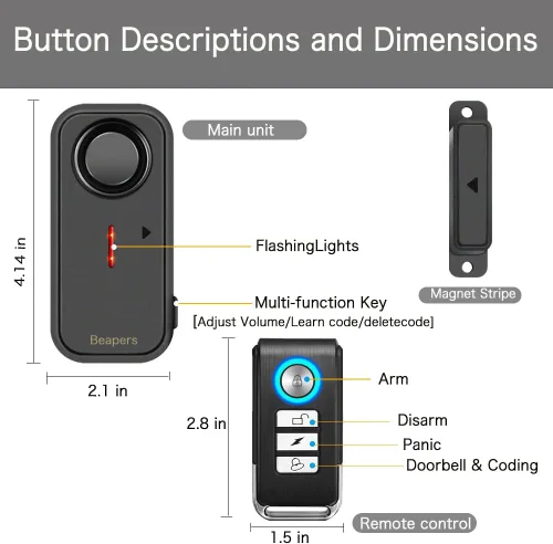 Miniatura 8 de Alarma de seguridad personal impermeable para puerta/ventana, IP66 resistente al agua con control remoto, 113 dB, modo alarma/timbre, espaciado