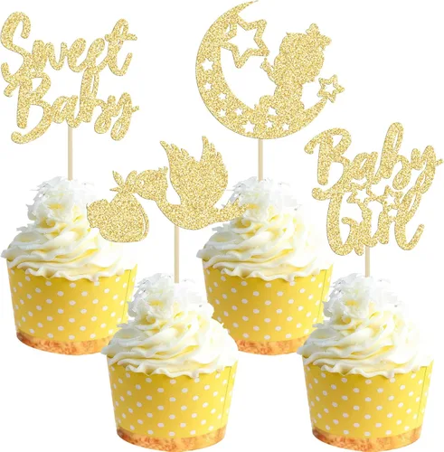 Miniatura 12 de 24 piezas de decoración para cupcakes de baby shower Oh Baby con moño, botella para niño, azul profundo, purpurina para pasteles, decoraciones