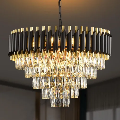 Candelabro de cristal moderno dorado de 5 niveles para sala de estar, lámpara de araña grande de cristal negro, lámpara colgante de techo para