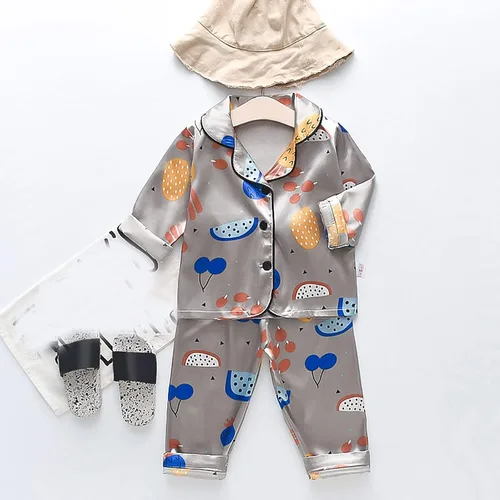 Miniatura 5 de TBUIALL Toddler Kids Baby Boys Girls Satin Cartoon Button Down Shirt Tops + Long Pants Silk Pajamas Sleepwear Large
