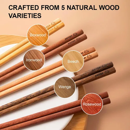 Miniatura 4 de MFJUNS Juego de 5 pares de palillos de madera, palillos reutilizables grabados con panda, palillos de palisandro/wengué/haya/madera de hierro, sin