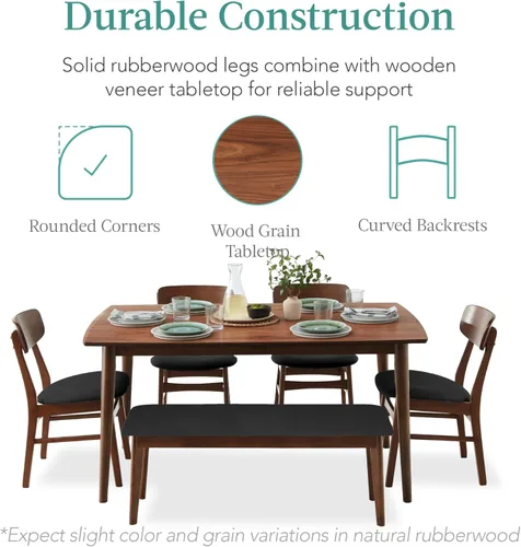 Miniatura 4 de Best Choice Products Juego de comedor de madera de 6 piezas, mesa moderna de mediados de siglo y sillas tapizadas con asiento de banco, patas