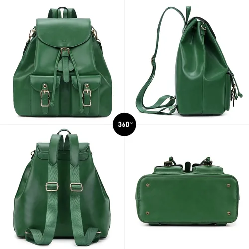Miniatura 6 de Chillo - Mochila grande de cuero vegano para mujer, diseño multiusos, con cordón, Verde, Mochilas de mochila