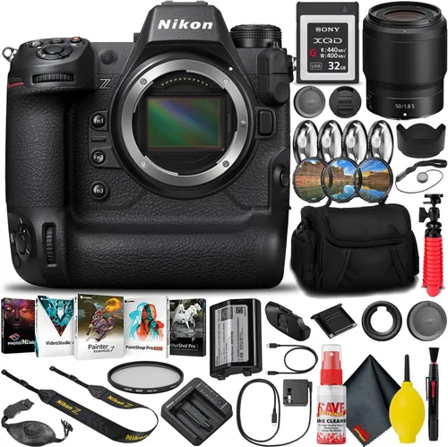 Nikon Cuerpo de cámara sin espejo Z9 con formato FX (1669) + lente 1.969 in f/1.8 S + tarjeta de memoria XQD de 32 GB + software de edición + bolsa