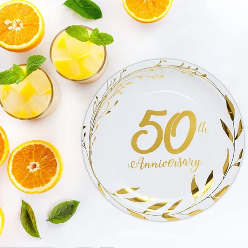 Miniatura 5 de Platos de papel de 50 aniversario – Suministros dorados para fiesta de celebración de boda, platos de postre de papel redondos desechables