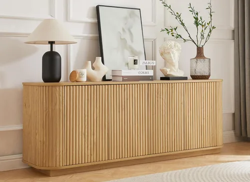 Miniatura 17 de LKTART Aparador de 64 pulgadas con almacenamiento, armario de almacenamiento de madera acanalada, aparador Credenza con estantes ajustables, resorte