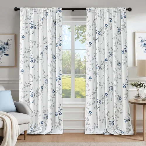Miniatura 19 de Beauoop Cortinas Florales 100% Opacas de 54 Pulgadas de Largo, 2 Paneles para Dormitorio, Sala de Estar, Azul Gris y Blanco con Patrón de Flores
