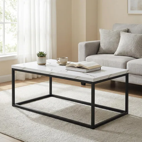 CENSI - Mesa de centro de mármol blanco de 40 pulgadas, tamaño mediano | Mesa de cóctel rectangular industrial de 1.2 pulgadas extra gruesa, patas