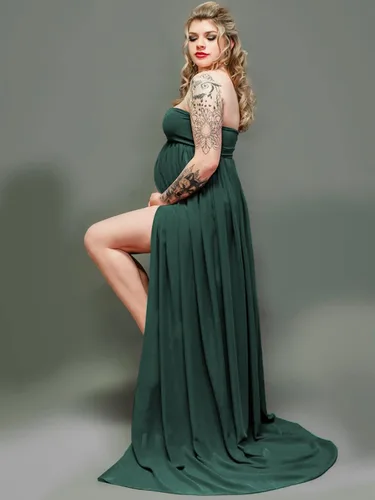 Miniatura 2 de YnimioAOX Vestido de maternidad de tubo sin tirantes con hombros descubiertos para mujer, para fotografía, vestido de gasa frontal dividido