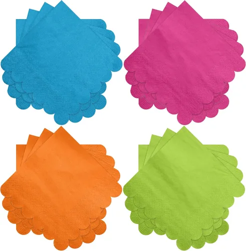 Miniatura 6 de Yeaqee 100 servilletas festoneadas de color neón, servilletas de papel de cóctel de 2 capas brillantes para bebidas, servilletas desechables