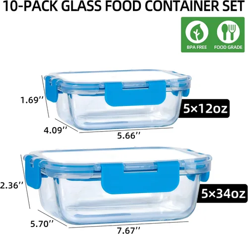 Miniatura 2 de UMEIED Paquete de 10 recipientes de vidrio para almacenamiento de alimentos con tapas a prueba de fugas, juego de recipientes de vidrio herméticos