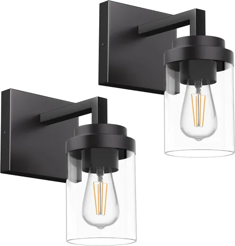 Miniatura 9 de Juego de 2 apliques de pared negros mate, con pantalla de cristal transparente, lámpara de montaje en pared para dormitorio, espejo y sala de estar