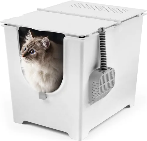 Modkat® Caja de arena abatible, entrada frontal, base sin costuras de altura completa, forro de arena reutilizable, cuchara de arena para tamizar, 2