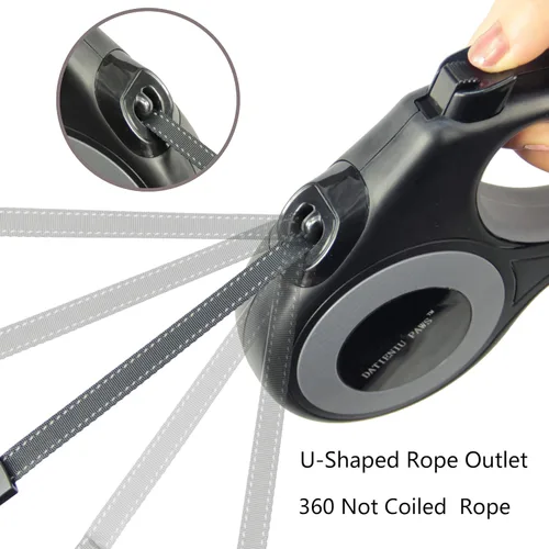 Miniatura 6 de Correa retráctil para perro, cinta de nailon fuerte de 16 pies, puntada reflectante para caminar por la noche, freno con una sola mano, mango Negro