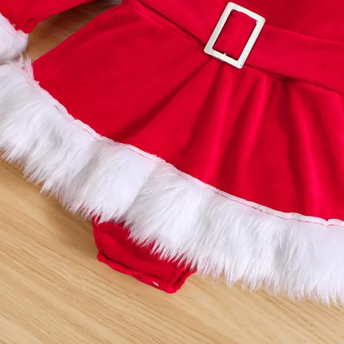 Miniatura 15 de WASAIGOOD Mameluco de Navidad para bebé niña, vestido de manga larga con ribete de piel, traje de terciopelo para Navidad, enterizo de invierno