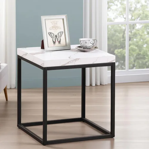 Miniatura 7 de CENSI - Mesa auxiliar/mesa auxiliar de mármol blanco de 18 pulgadas Parte superior de madera extragruesa de 1.6 pulgadas, diseño industrial