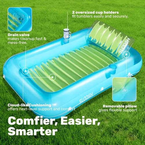Miniatura 4 de SLOOSH Flotador inflable para adultos, con almohada, 216 x 145 cm, 4 en 1: balsa estilo tina bronceadora, camastro para tomar el sol, para fiestas