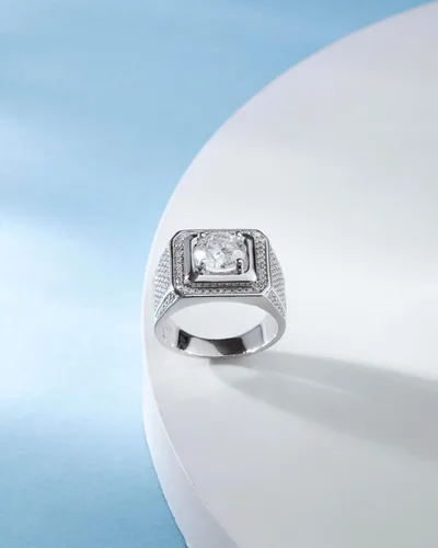 Miniatura 6 de Anillo de moissanita para hombre, de 2 a 5 quilates, solitario de moissanita, plata de ley con chapado en oro blanco de 18 quilates, color D
