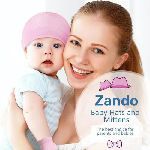 Miniatura 6 de Zando Gorros y manoplas unisex para bebés, gorro de hospital para recién nacidos, con guantes antiarañazos, conjunto para bebés y niños