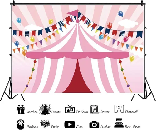Miniatura 2 de Yeele Tiendas de campaña de circo rosa de 10 x 6.5 pies, telón de fondo para fiesta temática de carnaval, carrusel de fondo, fotografía, niña