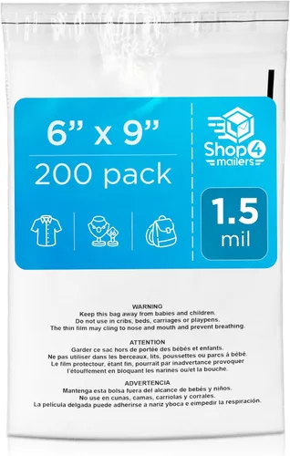 Shop4Mailers Bolsa de polietileno transparente de 6 x 9 con advertencia de asfixia – Adhesivo autosellante, bolsa transparente de 1.5 mil para FBA,