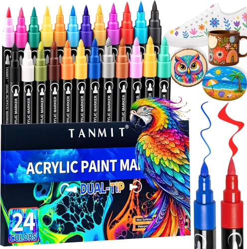 Bolígrafos de pintura acrílica de 24 colores, marcadores de pintura acrílica de doble punta con punta de pincel y punta fina, bolígrafos acrílicos
