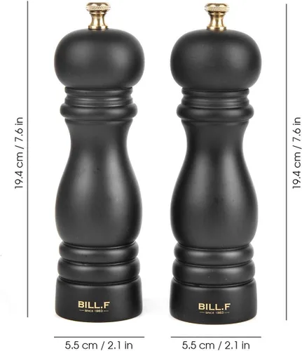 Miniatura 2 de BILL.F - Molinillo de sal y pimienta de madera, juego de 2 saleros y pimenteros con rotor de cerámica ajustable, 7 pulgadas Negro