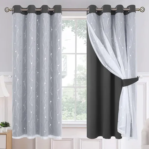 Miniatura 20 de BGment Cortinas de oscurecimiento de habitación con superposición transparente, cortinas de tul estampado plateado de doble capa para sala de estar