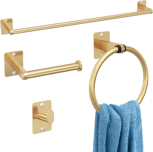 KLJKPA - Juego de accesorios de baño, juego de 4 piezas de accesorios de baño dorados, barra de toalla de 24 pulgadas, toalleros para baño, ganchos