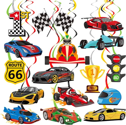 20 piezas de decoración de remolinos colgantes de autos de carreras, decoraciones de fiesta de cumpleaños, banderas a cuadros, remolinos de