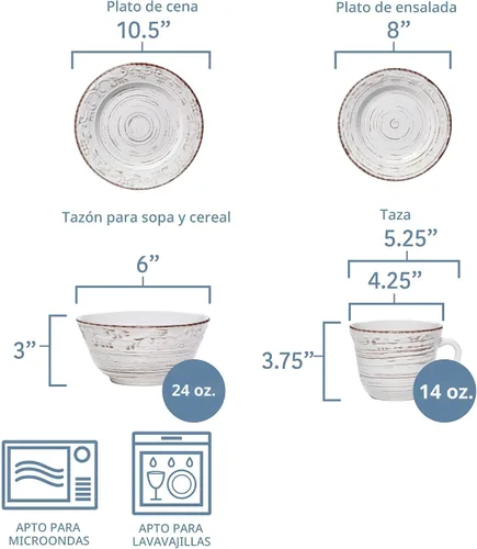 Miniatura 3 de Pfaltzgraff Trellis White - Juego de vajilla de gres de 16 piezas, servicio para 4, acabado blanco desgastado, platos y cuencos seguros para Blanco